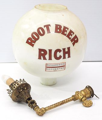 Rich Root Beer wall-mount electric light with 7.5"dia. painted glass globe marked Richardson 