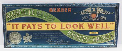 Associated Master Barbers of America sign. 15"x6" tin over cardboard Associated Master Barbers 