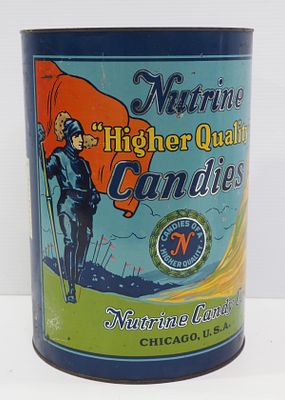 Nutrene Candies product tin with great graphics &amp; color, 14"H x 10"dia. - Good with some 