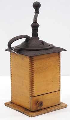 Table-top hand-crank coffee grinder with dovetailed wood box and beautiful cast iron decoration