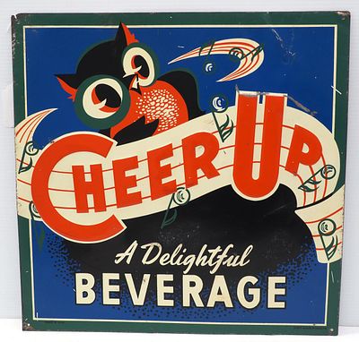 Cheer Up Beverage sign. 19"x19" SST embossed Cheer Up Beverage sign with great color and owl 