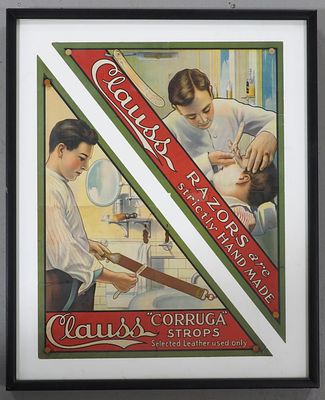 Clauss Razors and Corruga Strops advertisements. Frame with (2) triangle lithograph 