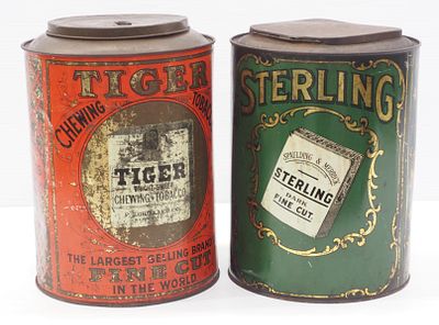 (2) Large tobacco tins, 8"dia x 11"H: Tiger / Sterling