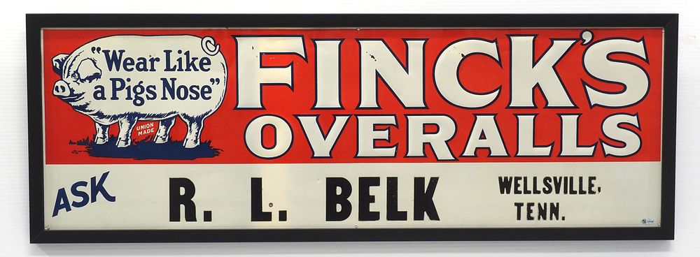 Lot 1162: Finck's Overalls dealer sign