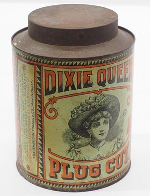 Dixie Queen Plug Cut Tobacco tin with great color and graphics, 5"dia.x 6.5"H
