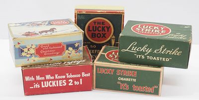 (5) Lucky Strike cardboard tobacco boxes with great color and graphics, selling boxes only