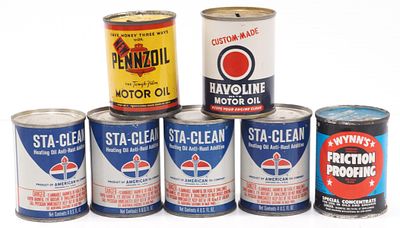 (7) Assorted product tins: (4) Sta-Clean Heating Oil, (2) Coin Banks, Wynn's Friction Proofing