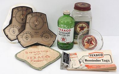 Box lot of Texaco products: (2) Barometers, (2) glass oil jars, ash tray, and clipboard with 