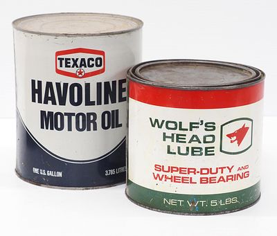 Wolfs Head Lube tin / Texaco Havoline Oil tin. 5 lb Wolfs Head Lube tin / 1-gallon Texaco 