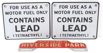 Box lot (3) signs: Indianpolis Riverside Park license plate topper, (2) Newer Contains LEAD signs