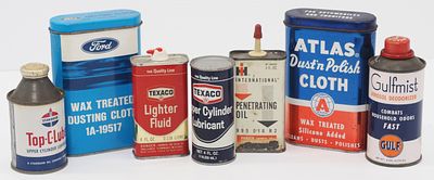 (7) Assorted product tins: Gulfmist, Standard, International, Atlas, Ford, Texaco