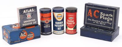 Box lot of vehicle repair parts and boxes including (3) Tube Repair Kits, (3) AC Spark Plugs 