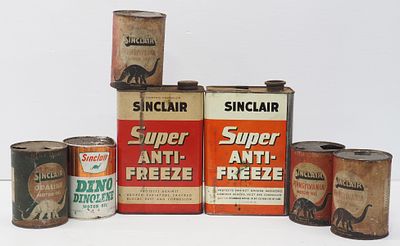 (7) Sinclair oil tins: (5) 1-quart / (2) 1-gallon