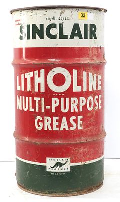 120 lb Sinclair Litholine grease barrel, with top and bottom