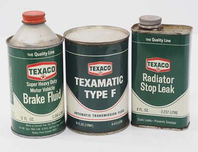 (3) Texaco product tins: Brake Fluid, ATF, Radiator Stop Leak