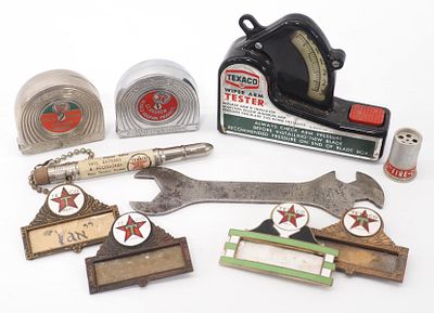 Box lot of Texaco advertising including pinbacks, tape measures, wrench, pencil and wiper arm tester