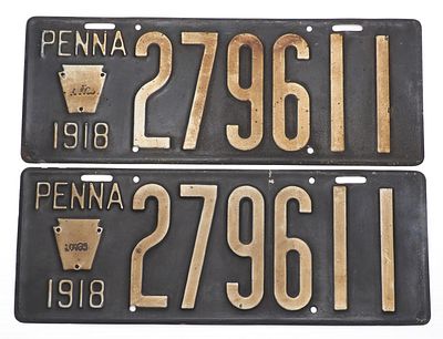 Matching Pennsylvania 1918 license plates. (2) 16"x6" SST embossed matching Pennsylvania 1918 
