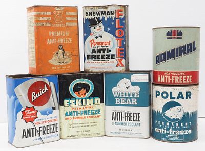 (7) Tin anti-freeze cans: Eskimo, Buick, Polar, Admiral, White Bear, Cities Service, Flotex