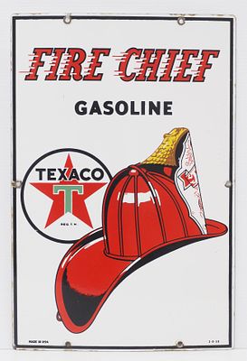 Texaco Fire Chief Gasoline sign. 12"x18" SSP Texaco Fire Chief Gasoline sign, marked 3-9-59