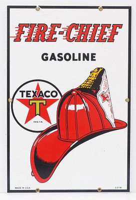 Texaco Fire Chief Gasoline sign. 12"x18" SSP Texaco Fire Chief Gasoline sign, marked 5-21-90