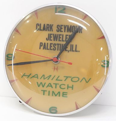 Hamilton Watch clock. 15" metal and glass lighted Hamilton Watch clock for Clark Seymour Jeweler 