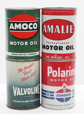 (4) 1-quart oil tins: Amalie, Amoco, Valvoline, Polarine