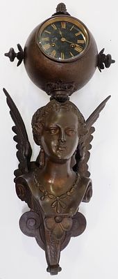 Winged Maiden Wall Clock. Beautiful Life-Like Spelter and Cast, Dual Winding, Winged Maiden Wall 
