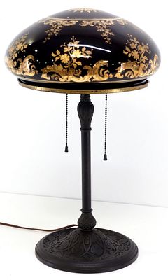 Period Table Lamp with Red Cased Glass Shade with Gold Floral Overlay. Period Table Lamp with 