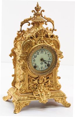 Ansonia Rococo-style Gold Gilt Shelf Clock with Cathedral Gong. Ansonia Rococo-Style Gold Gilt 