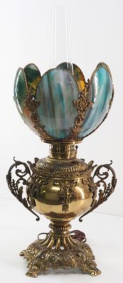 Bradley & Hubbard Slag Glass Banquet Lamp. Signed Bradley &amp; Hubbard Polished Brass and Cast 