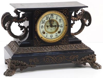 Ansonia "Belgium" Open Escapement Mantle Clock with Black Enamel Iron Case with Verde Bronze 