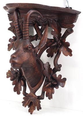 Carved Black Forest Walnut Wall-Mount Shelf with Detailed Antelope and Oak Leaves - measures 