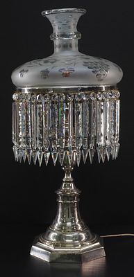 19th Century Sinumbra Silver Metal Lamp with Fire Polished Shade and Cut-Glass Prisms - measures 