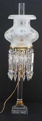 Electrified Crystal-Base Oil Lamp with Grape and Flower Shade. Electrified Crystal-Base Oil Lamp 