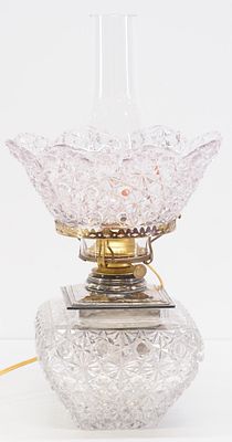 Electrified Cut-Glass Oil Lamp with EAPG Star and Button Shade, can go back to original oil - 