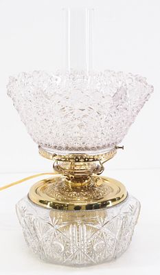 Electrified Cut-Glass Oil Lamp with EAPG Star and Button Ruffled Shade, can go back to original 
