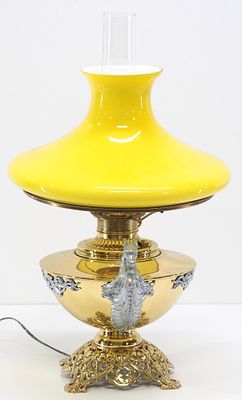 Double-Handle Dragon Tank Lamp with Yellow Cased Tam Shade, Brass and Cast Brass with Polished 