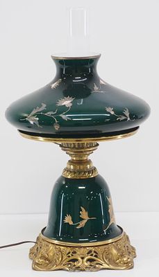 Emerald Art Nouveau Table Lamp with Gold Thistle Overlay, Matching Shade and Font with Dolphin 
