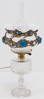 Clear EAPG Electrified Oil Lamp and Milk Glass Shade with Applied Jewels - measures 