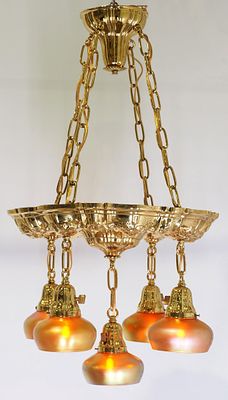 Hanging Victorian Light Fixture with 5 Steuben Art Glass Shades. Polished Brass Hanging 