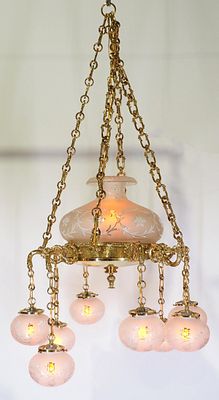 Monumental Polished Cast Brass 8-Arm Chandelier with 8 Floral Acid-Etched 6"dia. Ball Shades 