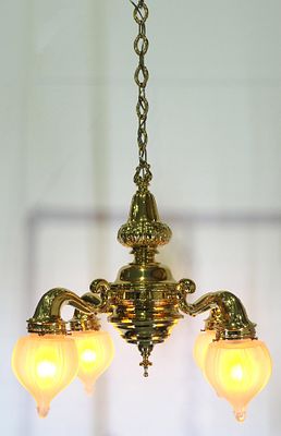 Polished Brass 4-Arm Chandelier with 4 Teardrop Satin Glass Shades - measures 