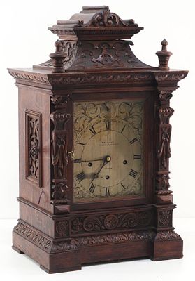 W. Elliott-London Musical Bracket Clock with 5 Gongs, in Heavily Carved Oak Case with Silvered 