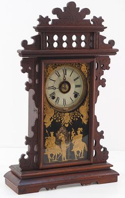 E.N. Welch 8-Day Mantle Clock in Walnut Case with Reverse Gold Stenciled Glass Door, partial 