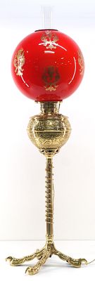 Victorian Banquet Lamp with Talon Base and Oxblood Red Globe. Brass Victorian Banquet Lamp with 