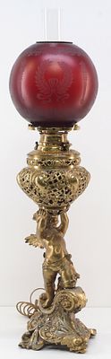 19th Century Victorian Polished Brass Banquet Lamp with Cast Brass Cherub Base and Frosted 