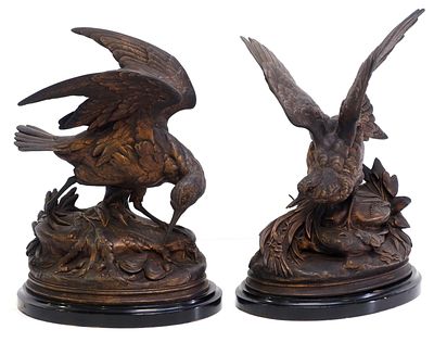 Pair of Patinated "Bird On Waters Edge" Sculptures. Pair of Early 20th Century Patinaed "Bird On 