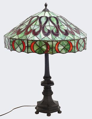 Oversized Table Lamp with Early Leaded Glass Shade. Oversized Duffner Style Table Lamp Base with 
