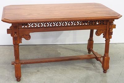 Gothic Carved Chestnut Library Table - measures 29x50x28 Condition NOTICE! VERY IMPORTANT! 