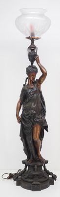 Early 20th Century Patinated Spelter Figural Hall Lamp with Greek Female Holding Etched Satin 